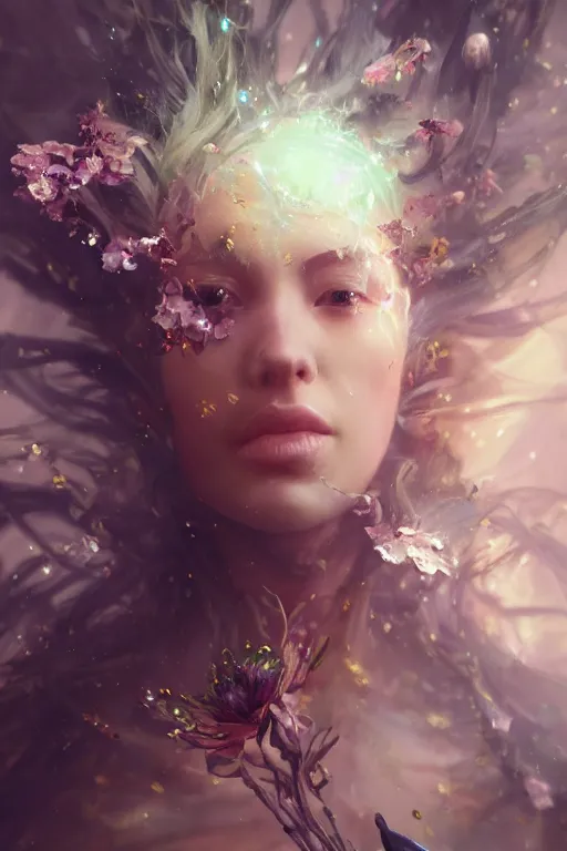 Prompt: face closeup beautiful girl witch covered with crystals exploding into another dimension, 3 d render, hyper realistic detailed portrait, holding magic flowers, ruan jia, wlop. scifi, fantasy, hyper detailed, octane render, concept art, peter mohrbacher