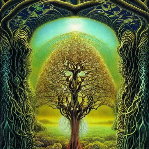 Prompt: sacred ancestral mulberry tree by roger dean and andrew ferez, art forms of nature by ernst haeckel, divine chaos engine, symbolist, visionary, art nouveau, botanical fractal structures, tree of life, lightning bolts, heimat, detailed, realistic, surreality