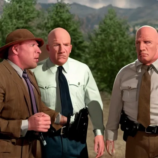 Image similar to Live Action Still of The Three Stooges evading the cops in Breaking Bad, real life, hyperrealistic, ultra realistic, realistic, highly detailed, detailed, very detailed, cool, ultra detailed, very realistic, trending on artstation, epic, HD quality, 8k resolution, body and headshot, film still, real, detailed faces, very detailed faces, real life