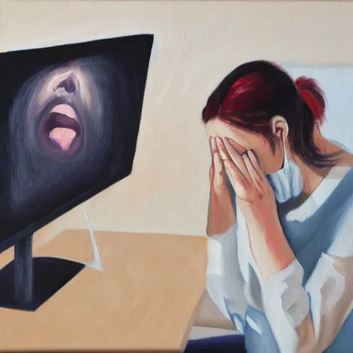 Image similar to a painting of an extremely concerned artist crying in front of a computer