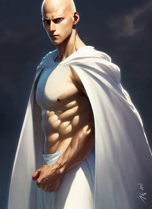 Image similar to ultra realistic illustration, handsome saitama. white cape, intricate, elegant, highly detailed, digital painting, artstation, concept art, smooth, sharp focus, illustration, art by artgerm and greg rutkowski and alphonse mucha and wlop