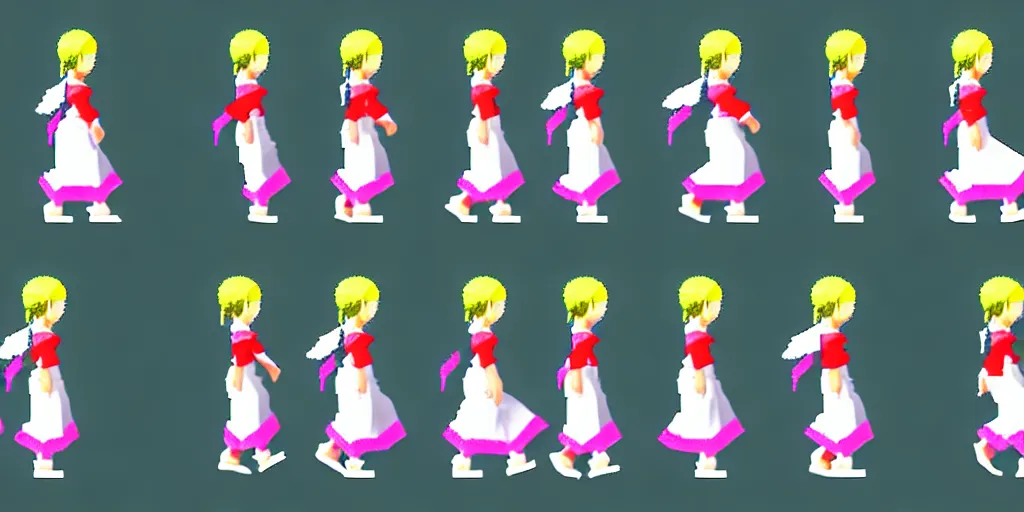 Image similar to 3 d walking cycle sprite sheet of a girl in a peasant clothes, walking to the right, each sprite is a different frame of the animation, in the style of final fantasy games, side view of her taking steps, accurate walk cycle, walk cycle, walk cycle, always wearing the same clothes