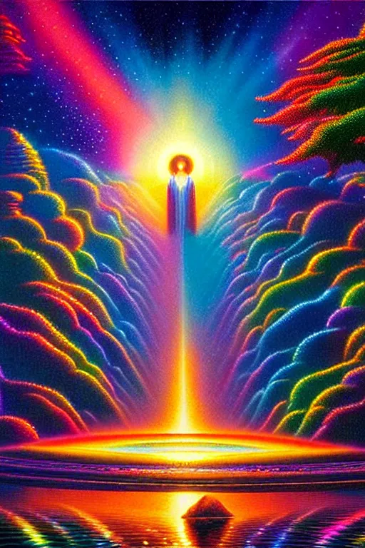 Prompt: a photorealistic detailed image depicting a beautiful vibrant iridescent future for human evolution, spiritual science, divinity, utopian, prismatic reflections, by david a. hardy, kinkade, lisa frank, wpa, public works mural, socialist