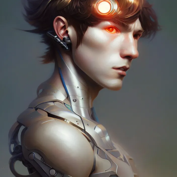 Image similar to animeboy cyborg, diffuse lighting, fantasy, intricate, elegant, highly detailed, lifelike, photorealistic, digital painting, artstation, illustration, concept art, smooth, sharp focus, art by john collier and albert aublet and krenz cushart and skunkyfly and alphonse mucha