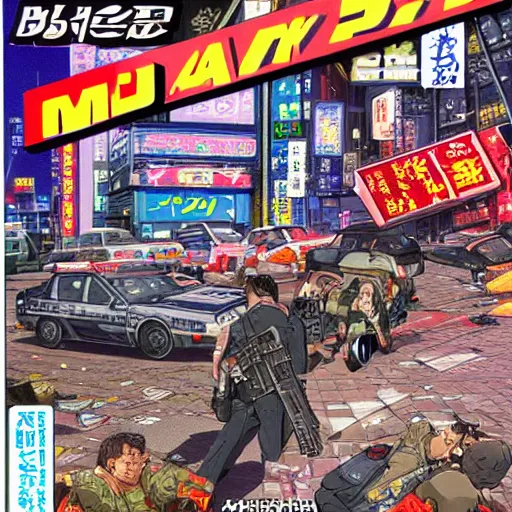 Prompt: 1993 Video Game Cover Art, Anime Neo-tokyo bank robbers fleeing the scene shooting at police, bags of money, Police Shootout, MP5S, Highly Detailed, 8k :4 by Katsuhiro Otomo : 8