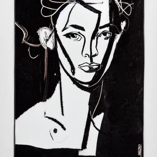 Prompt: beautiful female portrait line drawing by james jean, by andy warhol, by roy lichtenstein, by egon schiele