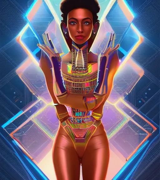 Image similar to symmetry!! egyptian princess of technology, solid cube of light, hard edges, product render retro - futuristic poster scifi, lasers and neon circuits, beautiful brown skin woman egyptian princess, intricate, elegant, highly detailed, digital painting, artstation, concept art, smooth, sharp focus, illustration, dreamlike, art by artgerm