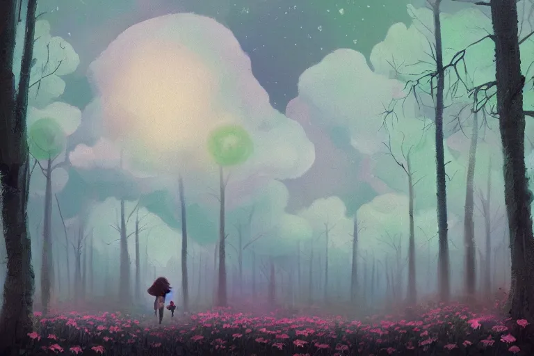 Image similar to giant bunch of daisy flowers head, girl walking in dark forest, surreal photography, dark night, stars, moon light, impressionist painting, clouds, digital painting, artstation, simon stalenhag