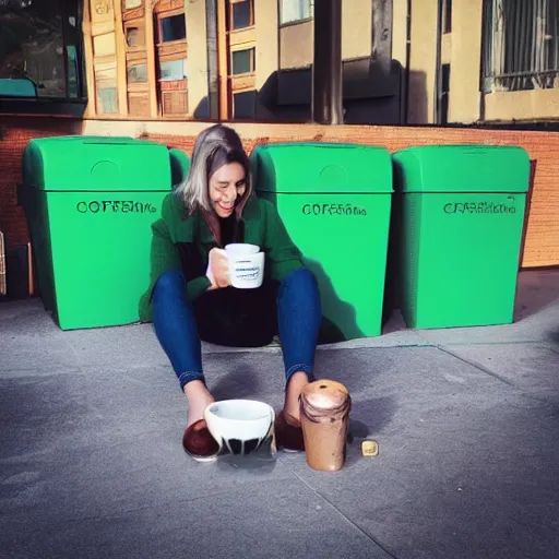 Prompt: snoofkin drinking coffee on green boxes in the street