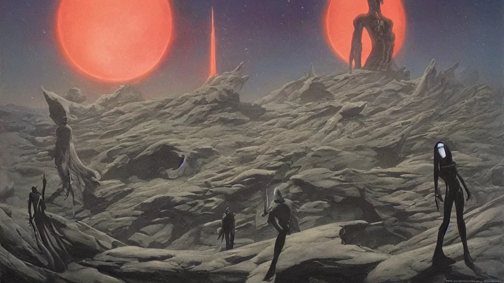 Image similar to eerie atmospheric evolving alien planet by gerald brom and vincent di fate, epic cinematic matte painting