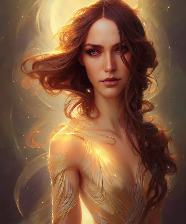 Image similar to fantasy magic woman portrait, sci-fi, amber eyes, face, long hair, fantasy, intricate, elegant, highly detailed, digital painting, artstation, concept art, smooth, sharp focus, illustration, art by artgerm and greg rutkowski and alphonse mucha