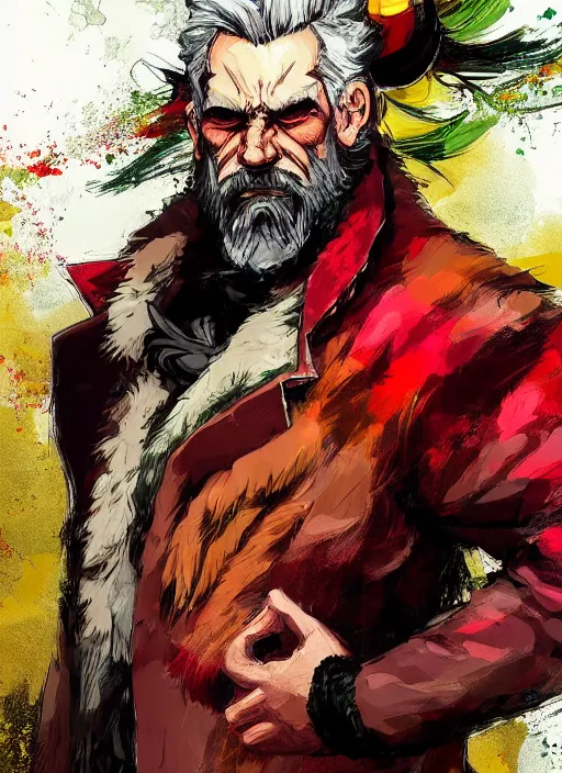 Image similar to Full body portrait of an old muscular man with blonde hair and beard wearing bear skin and red, green and gold jacket. In style of Yoji Shinkawa and Hyung-tae Kim, trending on ArtStation, dark fantasy, great composition, concept art, highly detailed.