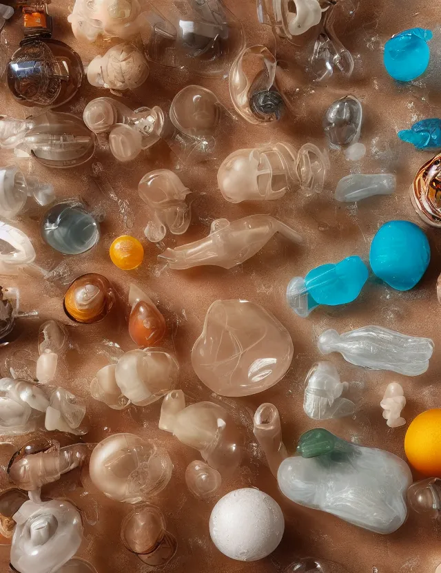 Prompt: a well - lit studio photograph of various earth - toned plastic toys floating in water, some wrinkled, some long, various sizes, textures, and transparencies, beautiful, smooth, detailed, intricate internal anatomy model
