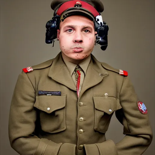 Image similar to portrait of a bulldog wearing royal air force 1942 fighter pilot uniform and head gear