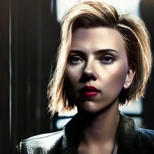 Image similar to a medium - shot of scarlett johansson looking into the distance, beautiful light failling on her face, futuristic a - line bob with bangs hairstyle, in the style of the ghost in the shell, by annie leibowitz