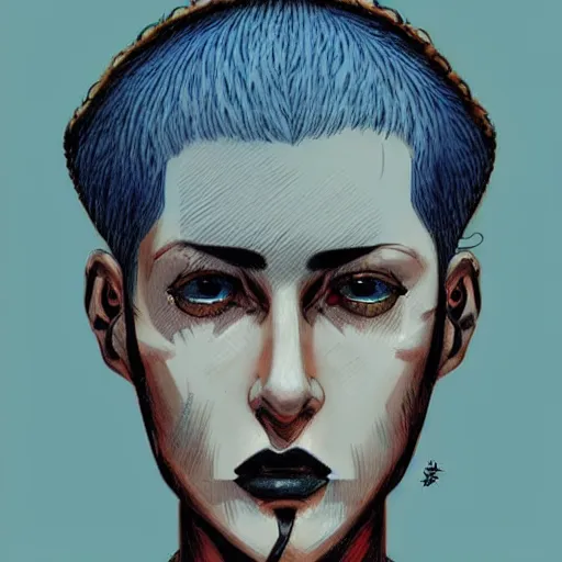 Prompt: intricate portrait, pure skin, 1 mm short blue hair, in the style of enki bilal!