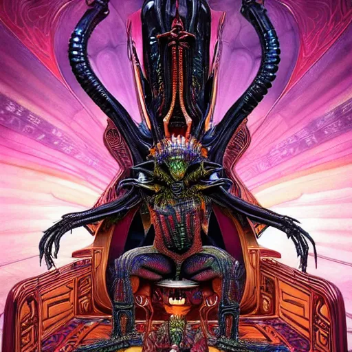 Image similar to Alien Queen sits on the throne, very colourful, highly detailed, black horror, H.R. Giger, artstation, intricate, smooth, sharp focus, bright, happy, illustration, art by Artgerm and Greg Rutkowski and Alphonse Mucha and Yuumei, good clear quality, lighting, biology, symmetrical artwork, perfect face, 135 mm, cinematic, hyper realism, glittering ice, dark, moonlight, high detail, octane render, 8k, crimson highlights