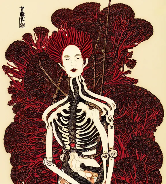 Image similar to still frame from Prometheus harvest goddess cyborg in crimson filament mycelium dressed by Neri Oxman and alexander mcqueen metal couture haute couture editorial by utagawa kuniyoshi by giger