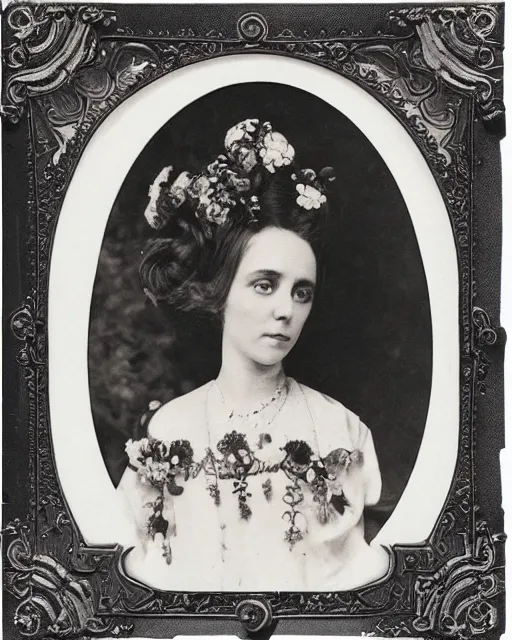 Image similar to a beautiful detailed front view portrait of marge simpson with baroque ornate growing around, flowers, plants, ornamentation, elegant, beautifully soft and dramatic lit, 1 9 1 0 polaroid photo