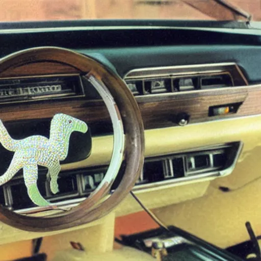 Image similar to 1970s car dashboard with small plastic dinos.