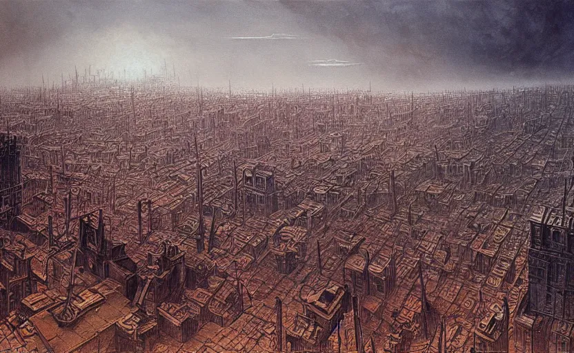 Image similar to A detailed painting of a devastated city whatched by a big skull madr in thr style of Beksinski