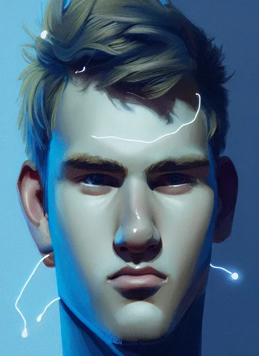 Image similar to portrait of high school senior boy named big moose, blonde short hair, jock, beefy, wide face, square jaw, square facial structure, blue varsity jacket with his name, intricate, elegant, glowing lights, highly detailed, digital painting, artstation, concept art, sharp focus, illustration, art by wlop, mars ravelo and greg rutkowski