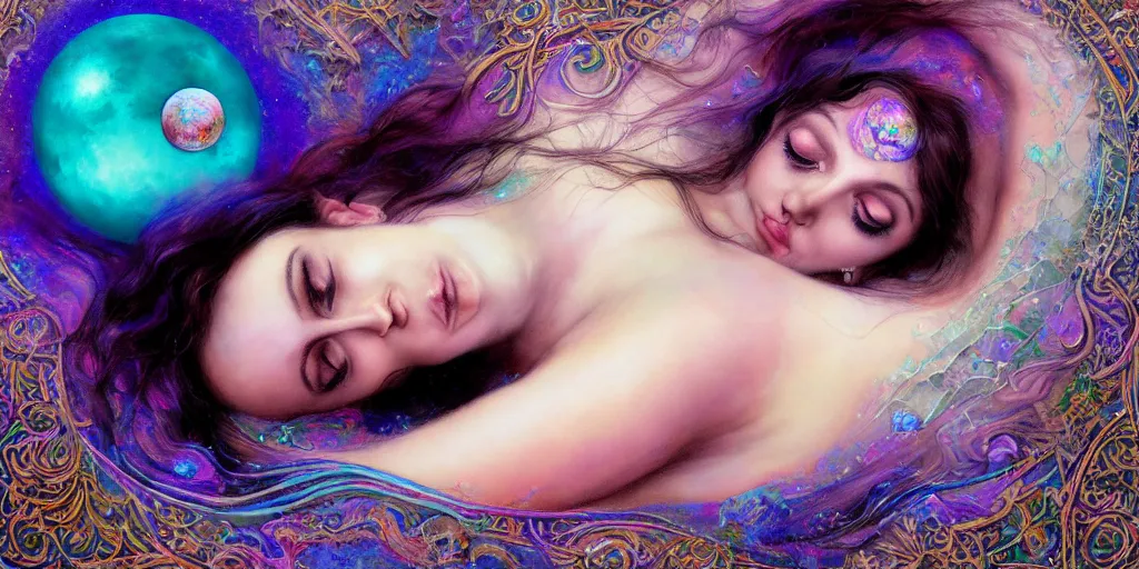 Prompt: detailed portrait of an ethereal gypsy woman laying down with big eyes, glowing face, crystal ball, half moon, photorealistic, colorful dress, in the style of ruan jia, karol bak, holographic undertones, art nouveau, moon phases, mosaic forest background, intricate, smooth, sharp focus, dramatic lighting, illustration, hdr, artgerm