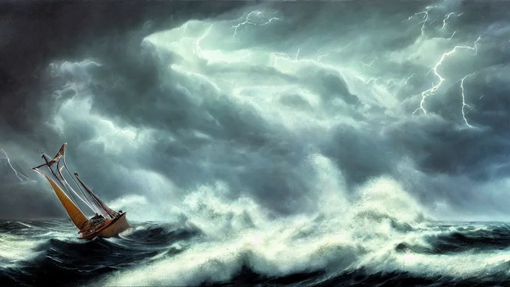 Prompt: small boat in the foreground. massive giant kitten coming out of a stormy sea, giant waves, lightning in background, intricate, detailed, volumetric lighting, sharp focus, scenery, photorealism, digital painting, highly detailed, concept art, roger dean, ruan jia, steve mccurry