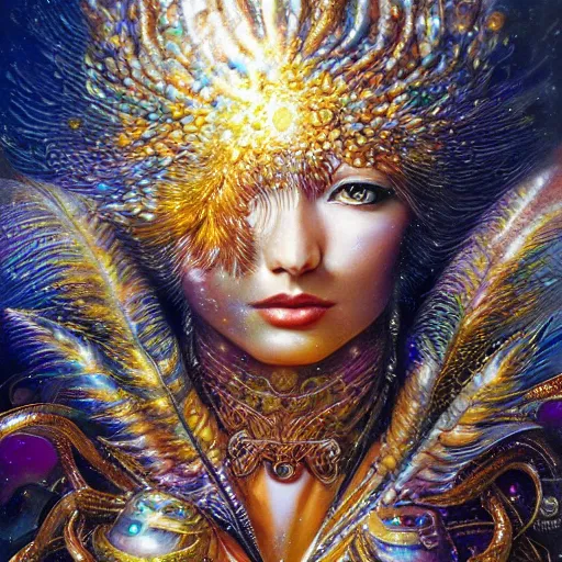 Prompt: full muscular body made of gems with golden feathers ,thunder, shining light, nebulas, god rays by Karol Bak, Ayami Kojima, Amano