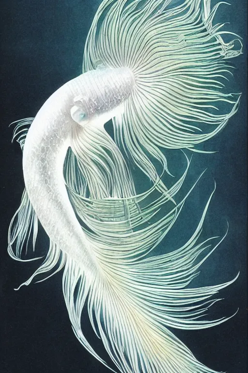 Prompt: a graceful iridescent white betta fish with long swirling fins, black-water-background, traditional Chinese painting, artstation, ernst-haeckel