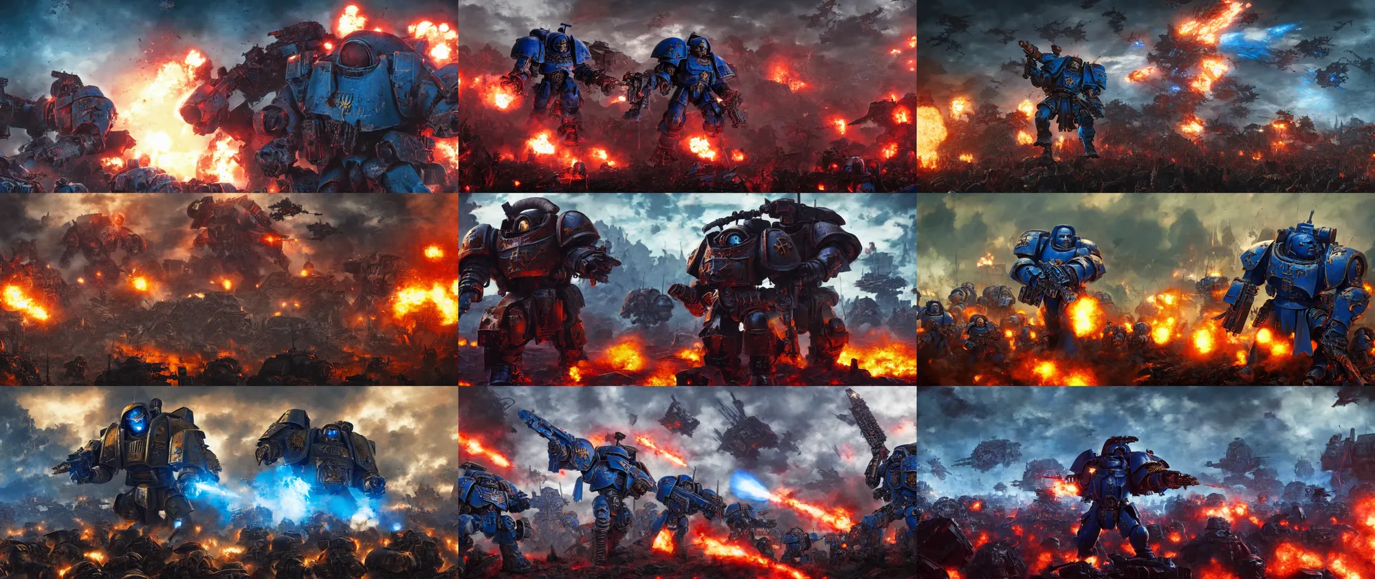 Image similar to warhammer 40k ultramarine on the battle field, explosions, ruined empire on the background, digital art, illustration, wide angle, fine details, cinematic, highly detailed, octane render, 4k, unreal engine