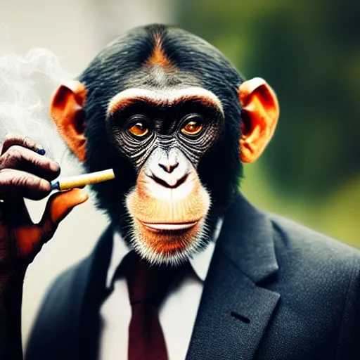 Image similar to a high detail shot of a chimp wearing a suit and smoking