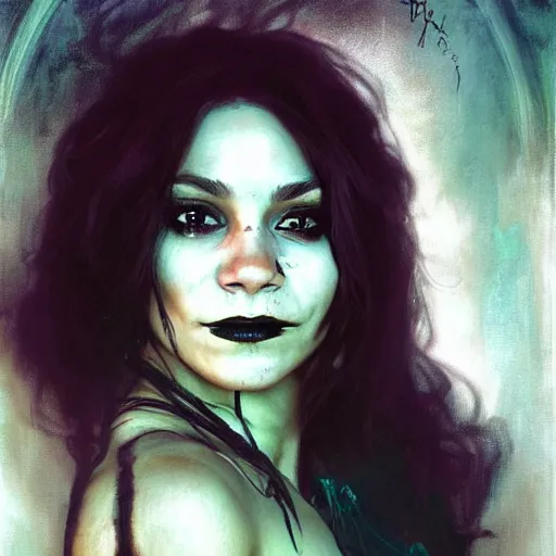 Image similar to beautiful portrait of vanessa hudgens as death from sandman, smiling, by cedric peyravernay, alphonse mucha, by jeremy mann, by lecouffe deharme, goth chic, soft lightning, eyeliner, punk rock, high detailed, 8 k