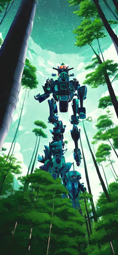 Prompt: pilot looking up at giant humanoid plant mech, coming through treetops, forest, key art, sharp lines, towering above a small person, aesthetic, anime, trigger, shigeto koyama, hiroyuki imaishi