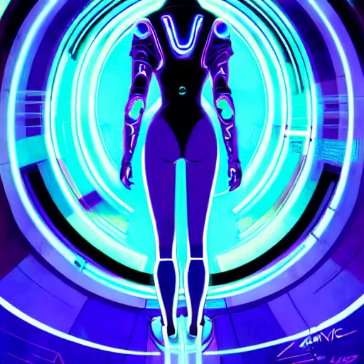 Image similar to Tron inspired character in the middle of the night in an abandoned space station, purple, sleek futuristic cityscape, blue, blacklight effects, neon lights, shimmery, glamorous, illuminated, glitch, vector drawing, illustration, art by Krenz Cushart and Artem Demura and alphonse mucha