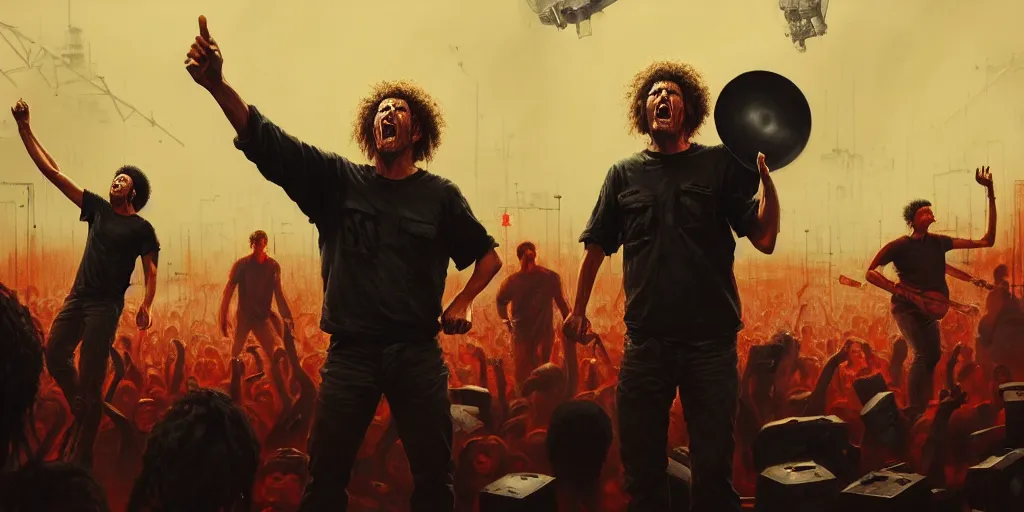 Image similar to concept art, of [ rage against the machine ] band memebers on a stage, front shot!!! humans fighting with robots behind!!, detailed, dark concept art, dark skies painting by wlop, nixeu and greg rutkowski, beautiful, semirealism, artstation, octane render, oil painting, sharpness, 8 k, golden ratio