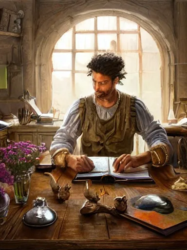 Prompt: a powerful male socerer, studying in a table full of artifacts. weeds anf flowers growing on the floor. intricate, elegant, highly detailed, digital painting, artstation, concept art, sharp focus, illustration, by justin gerard and artgerm, 8 k