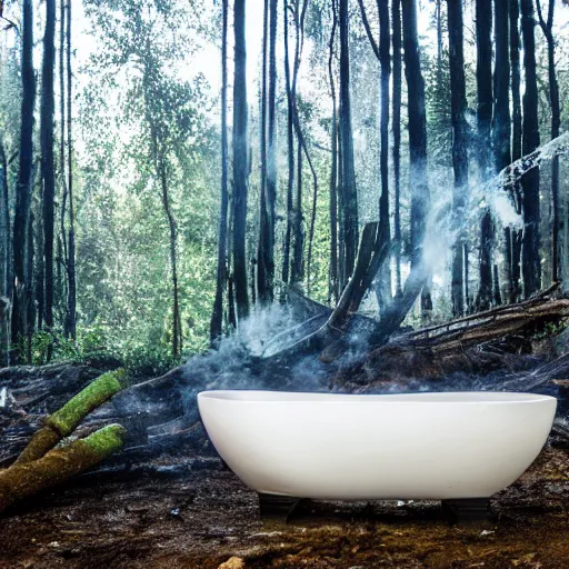 Prompt: pristine porcelain bath filled with bubbles in a clearcut rainforest, slash and burn, cleared forest, deforestation, bubble bath, overflowing with bubbles, tree stumps, smouldering charred timber