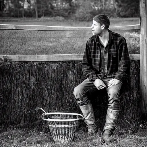 Prompt: a candid photo of one very handsome young farm hand, sitting on a fence talking with his friend, confessing his love for him.