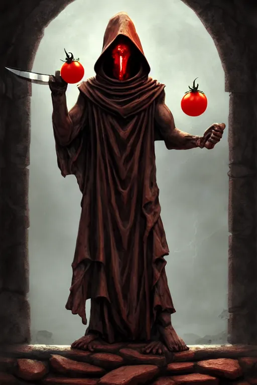 Image similar to an ancient statue of a hooded cultist is holding a bloody knife in one hand and a tomato on the other, standing in a forgotten temple to an eldritch god, by patrick mcenvoy and michael komarck and fantasy flight, incredible quality, trending on artstation