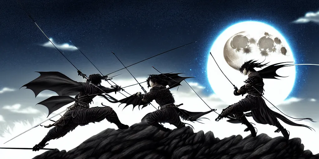 Image similar to korean archer. dragon. night sky. moon. mountain. dark fantasy. high resolution. epic fight. detailed. digital art. dark fantasy. kentaro miura