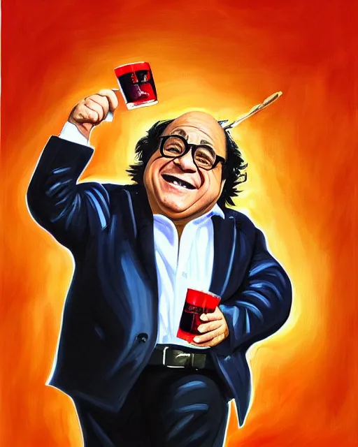 Image similar to painting portrait of danny devito as a rum ham, cartoon, warm lighting, danny devito has a rum ham body, danny devito's face on a rum ham. movie poster, trending on art station