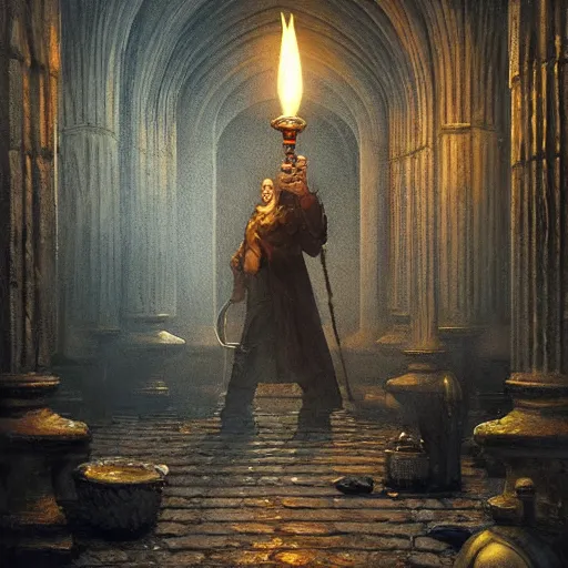 Image similar to epic masterpiece of cinematographic hyperrealism where an archeologist finds a goblet of immortality in a dark crypt. torches realistic shaded lighting poster by craig mallismo, artgerm, jeremy lipkin and michael garmash, unreal engine, detailed and intricate environment, digital art, art station trends, horror, matte