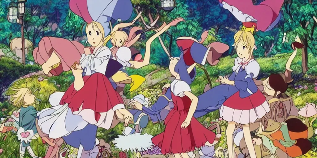 Prompt: alice in wonderland anime made by hayao miyazaki, dreamy, bright, colorful