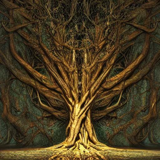 Image similar to Photorealistic tree of evil in the style of Michael Whelan and Gustave Dore. Hyperdetailed photorealism, 108 megapixels, amazing depth, glowing rich colors, powerful imagery, psychedelic Overtones, 3D finalrender, 3d shading, cinematic lighting, artstation concept art