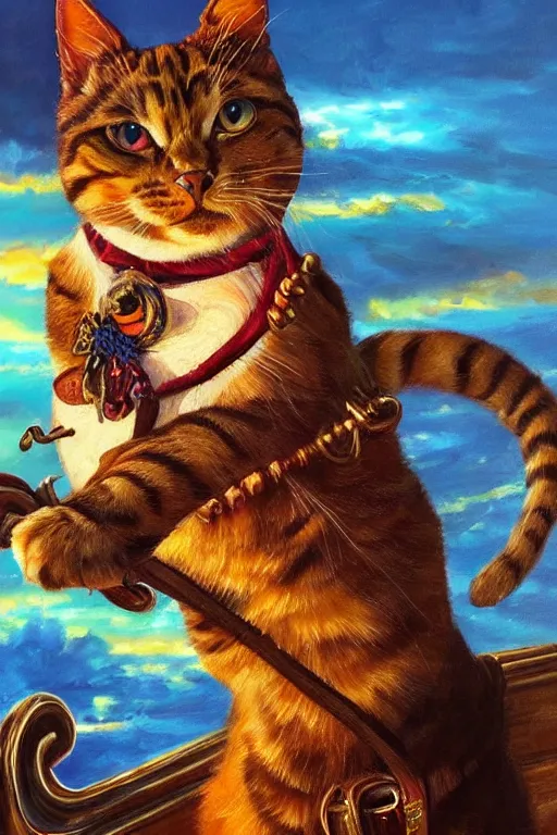 Prompt: A beautiful oil painting of a Cat dressed as a pirate, intricate, elegant, golden hour, volumetric lighting, summer, hyperrealistic, colorful, hyperdetailed.