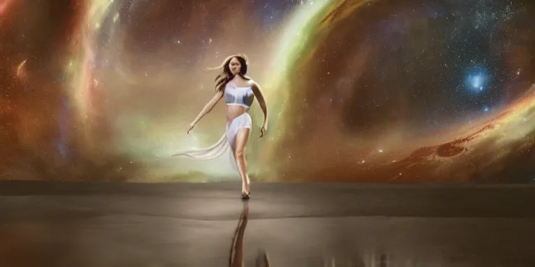 Image similar to film still of curvy natalie portman walking on an invisible bridge, similar to the bifrost, toward an endless abyss in space, wearing a white flowy bikini inspired by ancient roman clothing, beautiful astronomical background with galaxies and nebulas, lack of sunlight, darkness of space, focus on facial detail, 8 k resolution, cinematic lighting, anatomically correct, by christopher nolan