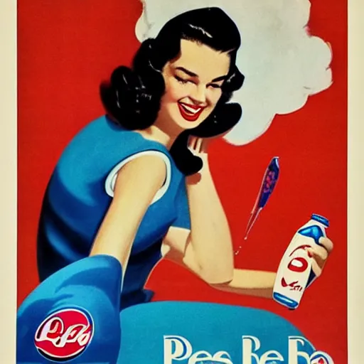 Prompt: pepsi cola poster. 1950.