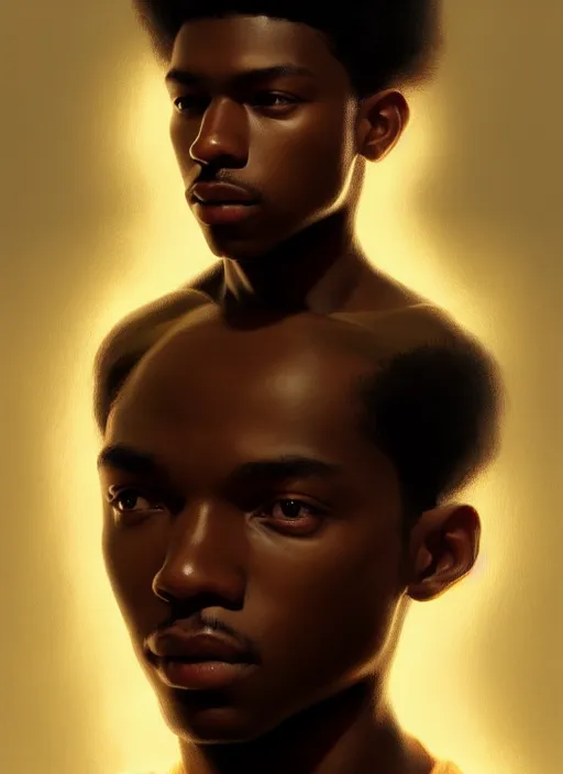 Image similar to portrait of young chuck clayton, black man, 1 7 years old, intricate, elegant, glowing lights, highly detailed, digital painting, artstation, concept art, smooth, sharp focus, illustration, art by wlop, mars ravelo and greg rutkowski