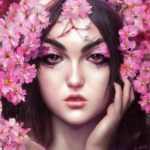 Image similar to sasha grey expressive full body photo, of beautiful angel, smooth glowing skin, ornate headpiece made from pink flowers, glamour shot, by yoshitaka amano, by greg rutkowski, by jeremyg lipkinng, by artgerm, digital art, octane render